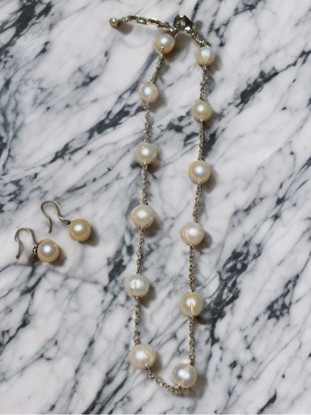 Genuine Freshwater Pearl Necklace & Matching Earrings Set - Estate Jewlery